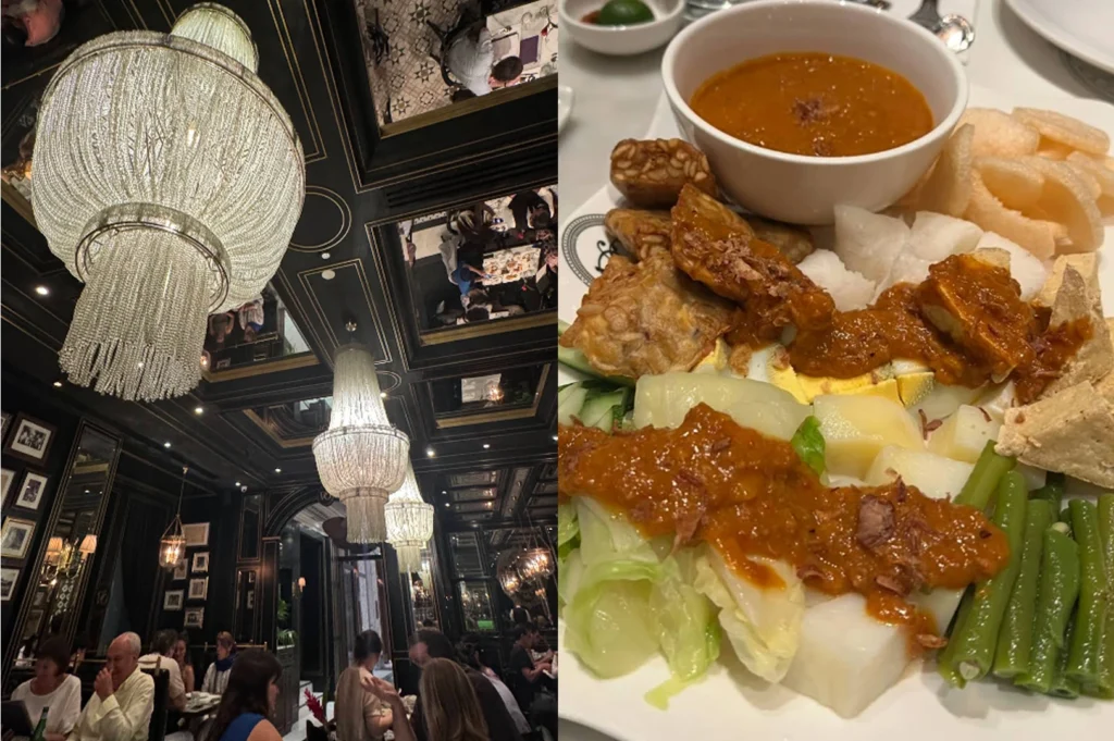 A split-screen image contrasting luxury and local flavors. The left side shows a high-angle view of a grand restaurant with ornate black walls, mirrored ceilings, and massive crystal chandeliers. The right side is a close-up of a plate of Gado-Gado, an Indonesian-style salad featuring boiled vegetables, tofu, tempeh, and lontong (rice cakes), all generously topped with a thick, savory peanut sauce.