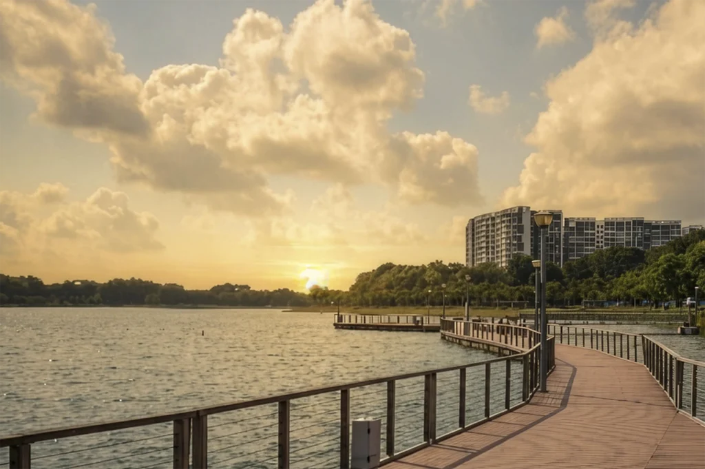 A scenic view of a winding wooden boardwalk over a calm body of water at sunset. The sky is filled with soft, glowing clouds, and modern residential buildings are visible behind a line of trees in the distance.