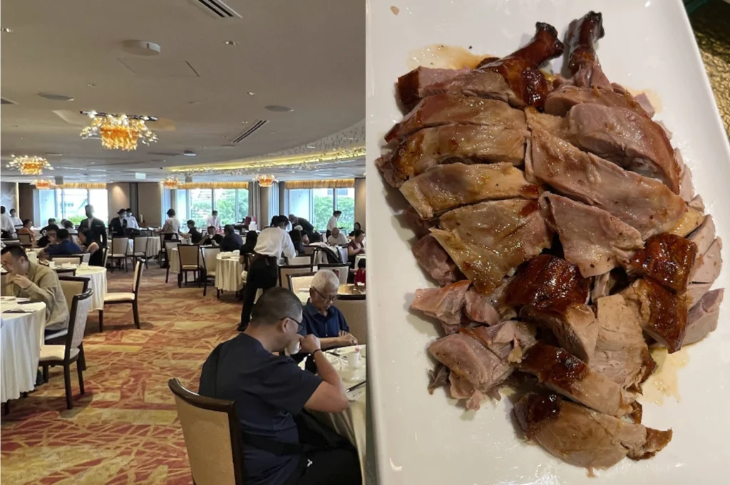 A split-screen image capturing a classic Singaporean dining experience. The left side shows a large, brightly lit Chinese restaurant ballroom with round tables draped in white linens and red-patterned carpeting. The right side features a close-up of a plate of Cantonese roasted duck, sliced into thick, succulent pieces with glistening, crispy dark skin, served on a white rectangular platter.