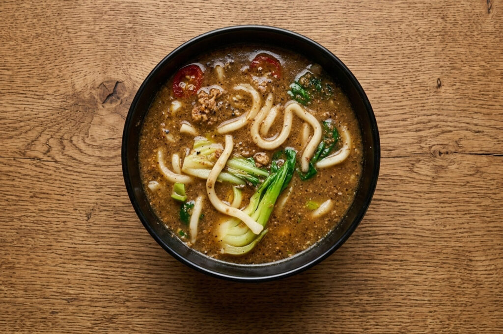 A top-down shot of a dark bowl filled with thick noodle soup in a savory brown broth. The dish includes thick udon-style noodles, minced meat, bok choy, and slices of red chili, all set against a textured wooden background.