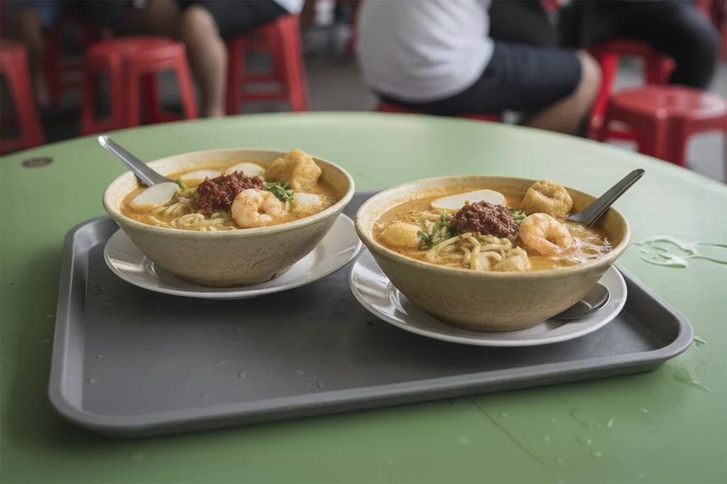 Two bowls of laksa, a creamy orange-red coconut-based noodle soup, sit side-by-side on a light grey rectangular plastic tray atop a bright green table. Each bowl is filled with noodles, a succulent shrimp, sliced fish cake, and a dollop of deep red sambal paste, accompanied by a metal spoon. The setting appears to be an open-air hawker center, with blurred figures of diners visible in the background seated on bright red stools.