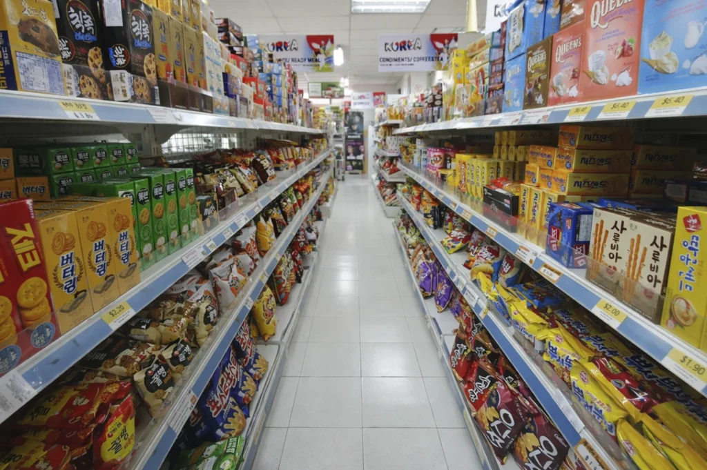 An aisle view inside a Korean grocery store, looking down a long, narrow path between two tall gondola shelving units packed with snacks. The left side features boxes of cookies and snacks, while the right side displays boxes of sweets, tea, and various bags of crackers. The floor is tiled, and the store is brightly lit with overhead fluorescent lights.