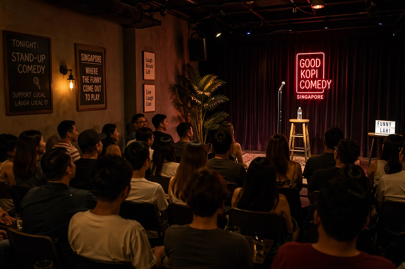 A wide shot of an intimate comedy club named "Good Kopi Comedy Singapore." The stage features a deep red velvet curtain and a glowing red neon sign with the club's name. A wooden stool with a water bottle and a microphone stand occupy the stage. The audience is seated in rows of dark chairs, facing the stage. The walls are decorated with framed posters with phrases like "Singapore where the funny come out to play" and "Laugh Already Lah."