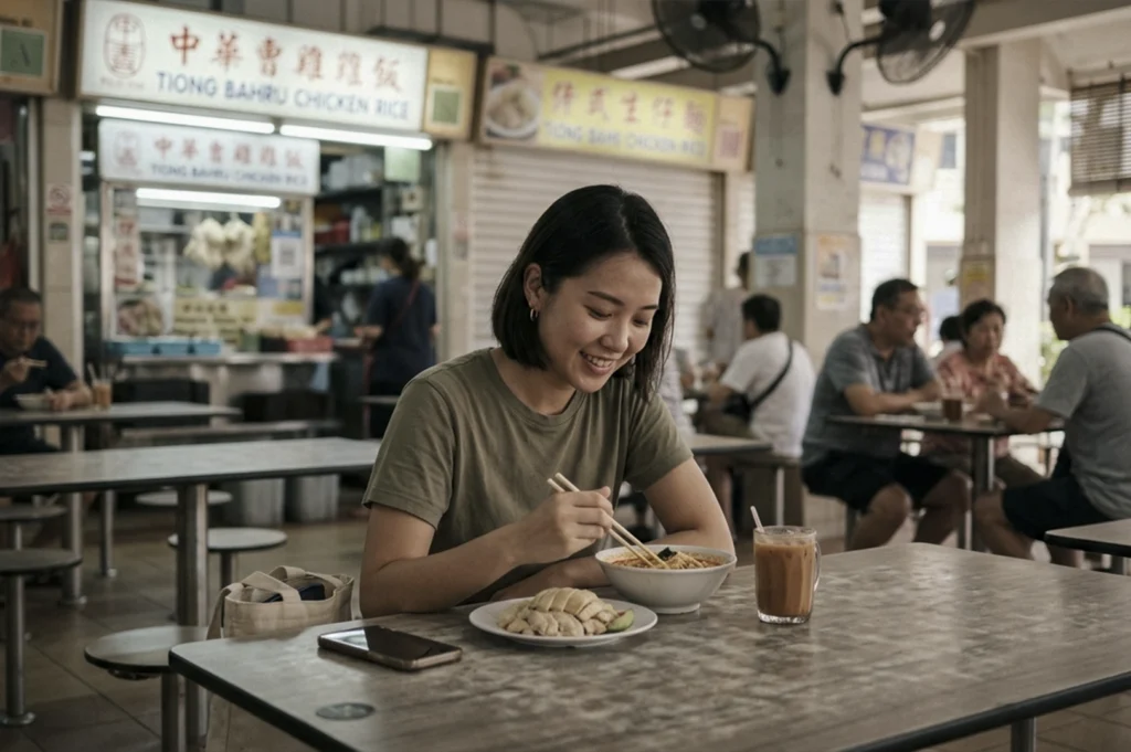 A young woman with a short bob hairstyle dining alone and smiling contentedly at a bustling Singaporean hawker centre. She sits at a weathered grey communal table, wearing a simple olive-green t-shirt, and uses chopsticks to eat from a bowl of laksa, paired with a side of Hainanese chicken rice and a glass of iced milk tea (teh peng). Her smartphone and a canvas tote bag rest on the table beside her, emphasizing a sense of relaxed independence. In the background, the soft-focus environment is filled with the authentic atmosphere of the food court, featuring glowing yellow signage for a "Tiong Bahru Chicken Rice" stall, industrial ceiling fans, and other patrons blurred in the distance. The lighting is warm and natural, casting a soft glow that highlights the woman's serene expression against the vibrant, urban grit of the local food scene.