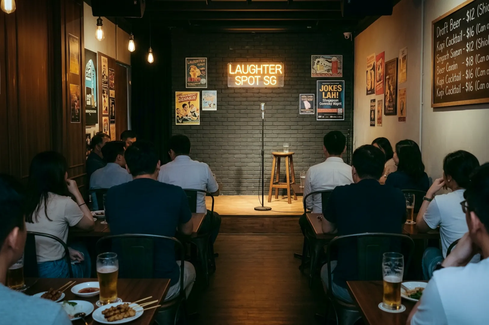 The interior of a comedy club in Singapore, featuring an audience seated at tables with drinks and satay, facing a brick-wall stage with a microphone and a glowing neon "Laughter Spot SG" sign.