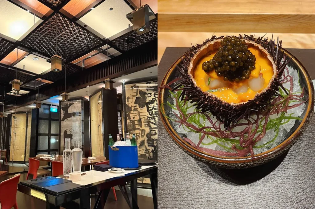 A split-view image highlighting refined Japanese aesthetics. The left side shows a modern dining area with a high, geometric wooden ceiling and large room dividers featuring abstract ink calligraphy. A sleek white counter holds a bright blue ice bucket with bottled water. The right side features a signature luxury dish: a sea urchin (uni) shell filled with bright orange uni and topped with a mound of dark, glistening caviar, all resting on a bed of crushed ice and seaweed.