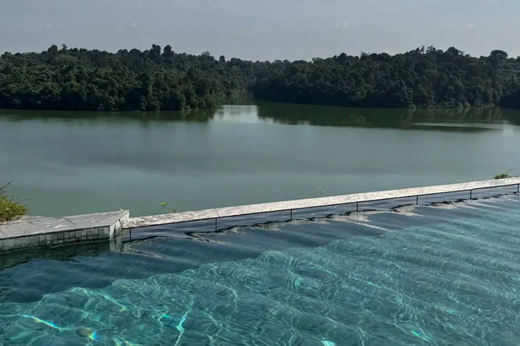 A close-up view of the edge of an infinity pool with clear, rippling turquoise water. The pool’s edge seamlessly meets the horizon of a large, still green lake, which is bordered by a thick, undulating line of dark green rainforest under a pale blue sky.