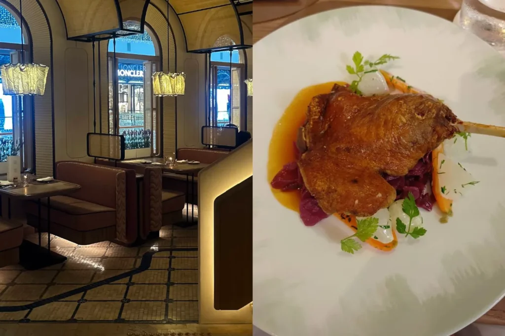 A split-view image blending industrial-chic decor with traditional flavors. The left panel shows a luxurious dining space with high arched windows, plush curved booths, and intricate mosaic tile flooring. On the right, a white plate presents a crispy duck confit leg with golden-brown crackled skin, served over a bed of vibrant purple cabbage and garnished with translucent radish and fresh herbs.