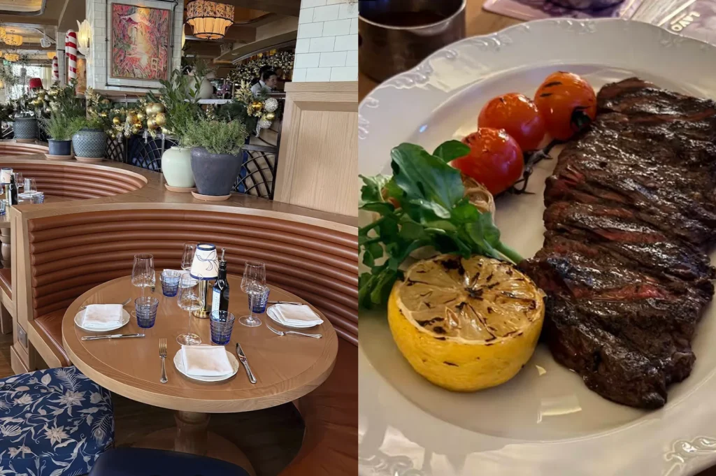 A split-view image showing a vibrant, garden-inspired setting. The left side features large, circular leather booths surrounded by lush greenery and festive decorations under bright lighting. The right side shows a rustic Italian presentation: a sliced flank steak cooked medium-rare, served with charred cherry tomatoes on the vine, fresh arugula, and a caramelized, grilled lemon half.