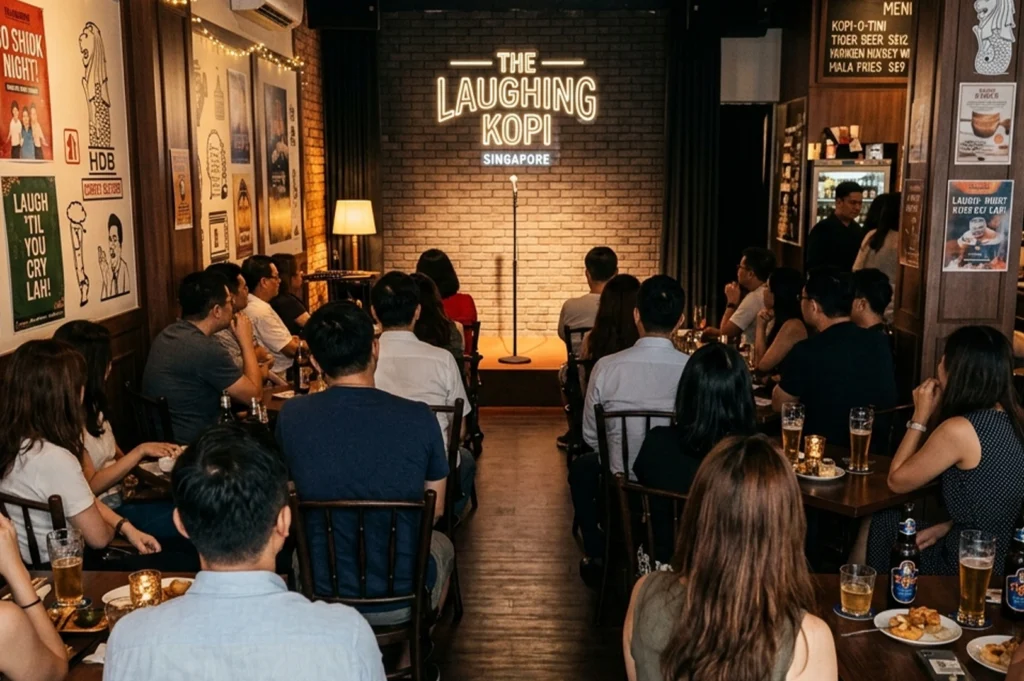 A packed audience at The Laughing Kopi in Singapore, with people seated at wooden tables enjoying beers and snacks while facing a brick-wall stage illuminated by a glowing neon "The Laughing Kopi Singapore" sign.