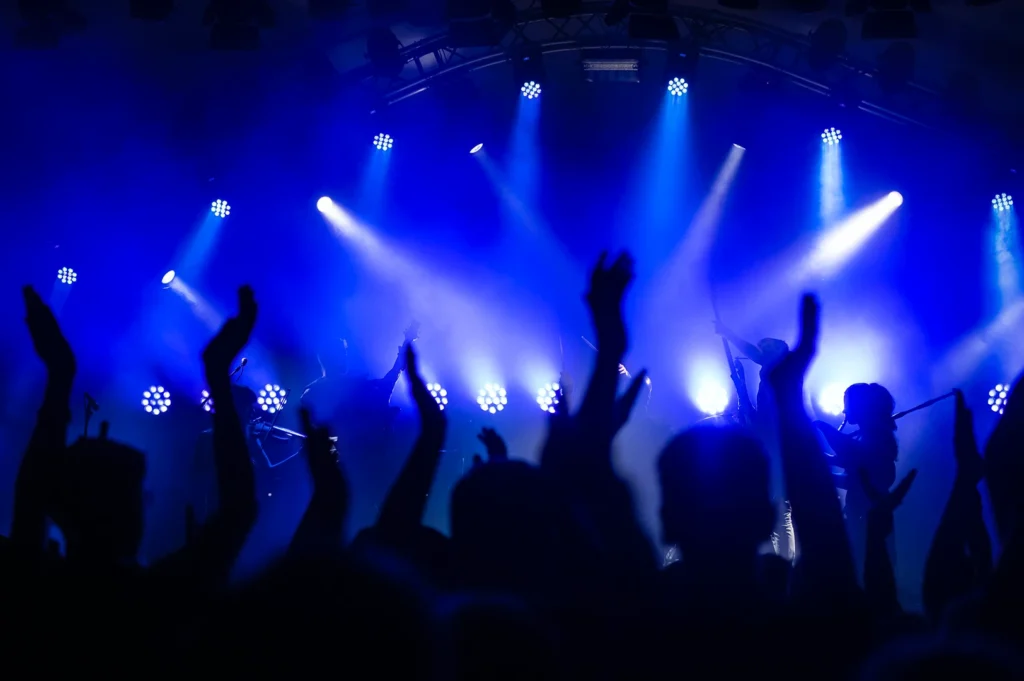 Silhouetted crowd with raised hands watching a live concert performance under bright blue stage lights.