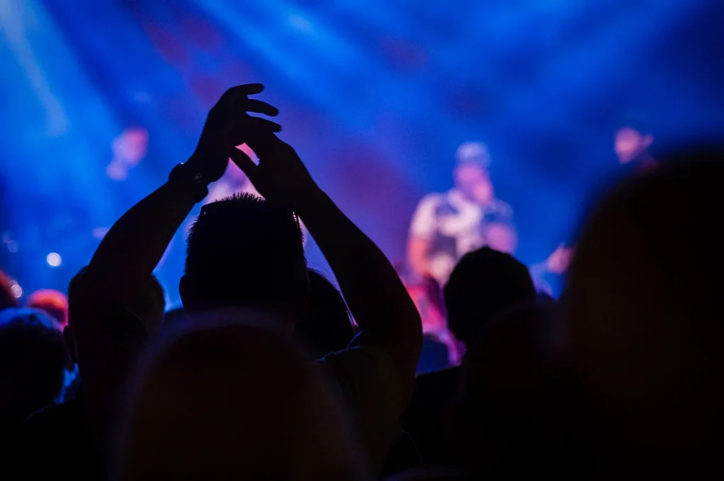 Crowd at a live music concert with silhouetted audience members raising their hands toward a brightly lit stage with blue and purple lights and blurred performers in the background