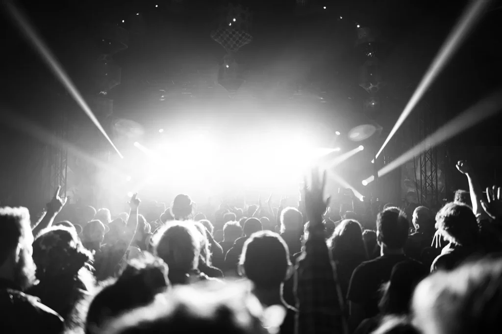 Black and white photo of a live concert crowd with raised hands facing bright stage lights and smoke effects during a music performance