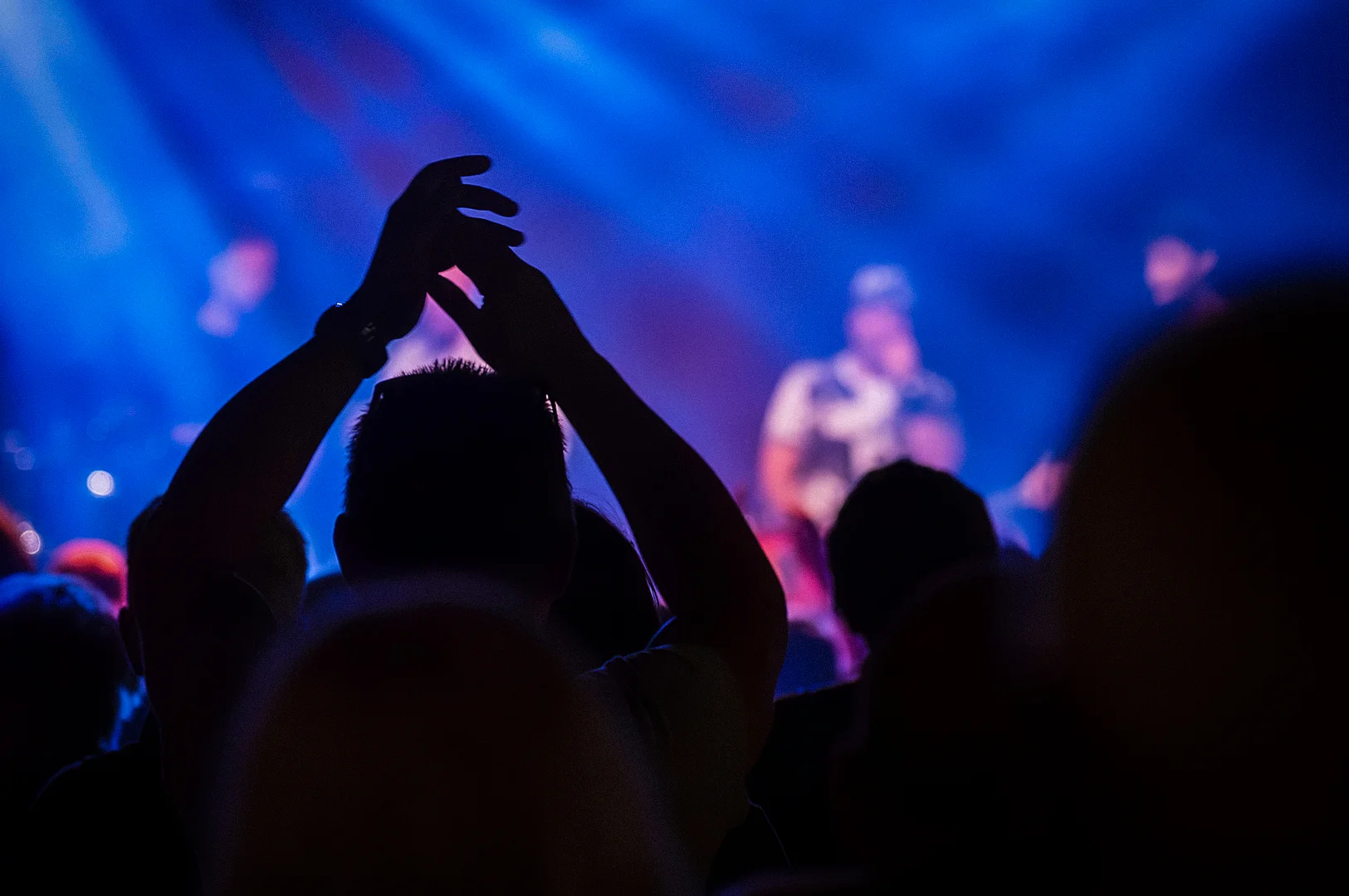 Crowd at a live music concert with silhouetted audience members raising their hands toward a brightly lit stage with blue and purple lights and blurred performers in the background