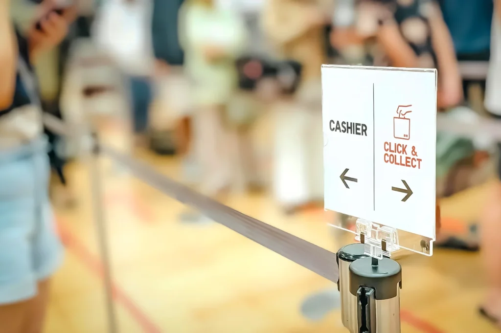 Busy ticketing counter area with customers waiting in line near cashier and click and collect signs inside a crowded public service or retail environment