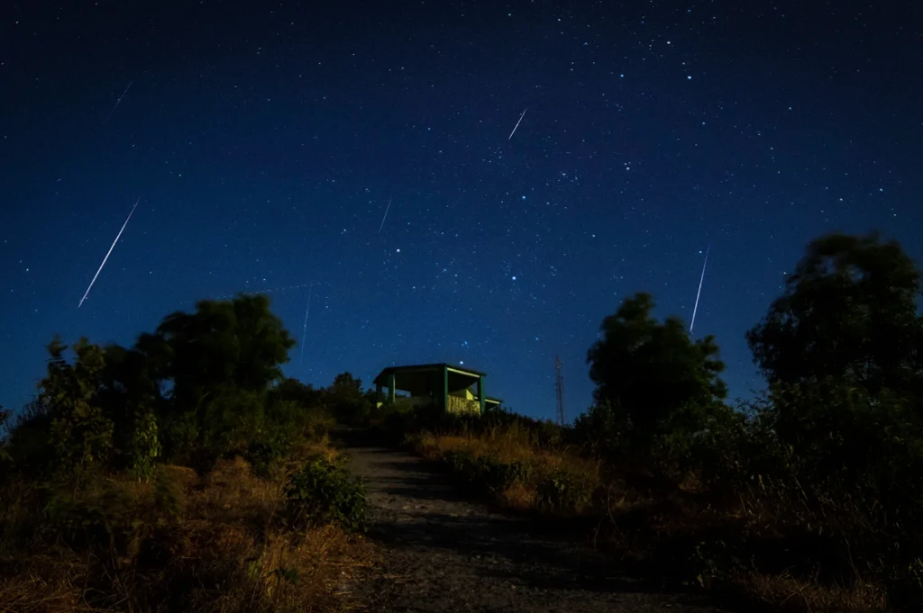 Geminid meteor shower lighting up a clear starry night sky above a rural landscape with trees, a dirt path, and a small hilltop shelter