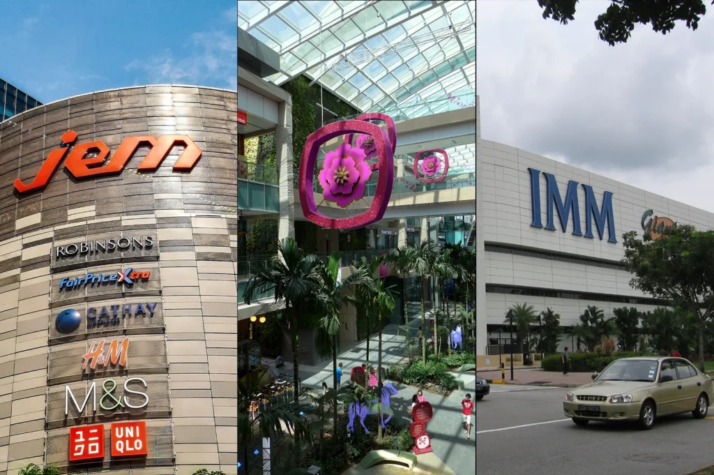 Side by side collage featuring JEM, IMM, and Westgate shopping malls in Jurong East, Singapore, showcasing modern mall exteriors and vibrant indoor architecture