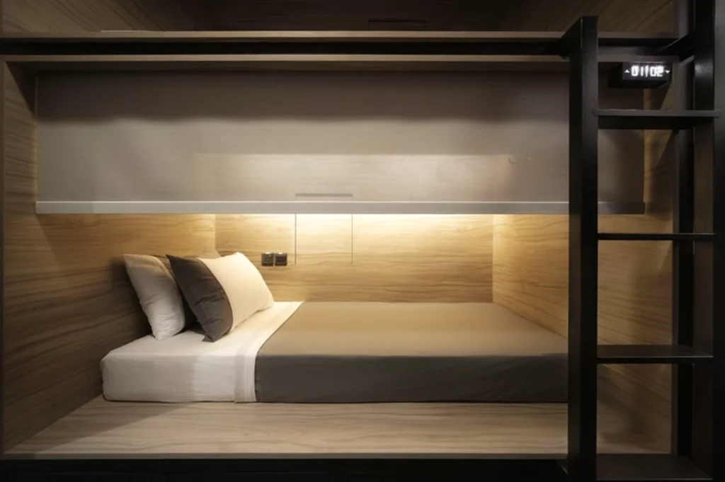 The interior of a sleek, minimalist sleeping pod at The Pod Boutique Capsule Hotel in Singapore. The cozy space features a single bed with a grey duvet and white pillows, set against light wood-textured walls. A warm, built-in reading light illuminates the headboard area, while a privacy screen is partially lowered from the top. To the right, a black metal ladder provides access to the upper level.