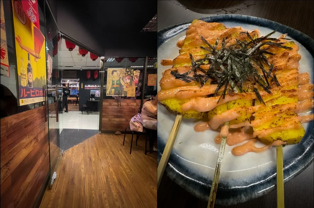Side-by-side photos of Izakaya Hikari Singapore featuring a cozy Japanese izakaya entrance with retro posters and grilled corn skewers topped with creamy mentaiko sauce and shredded seaweed served on ceramic plates under warm lighting
