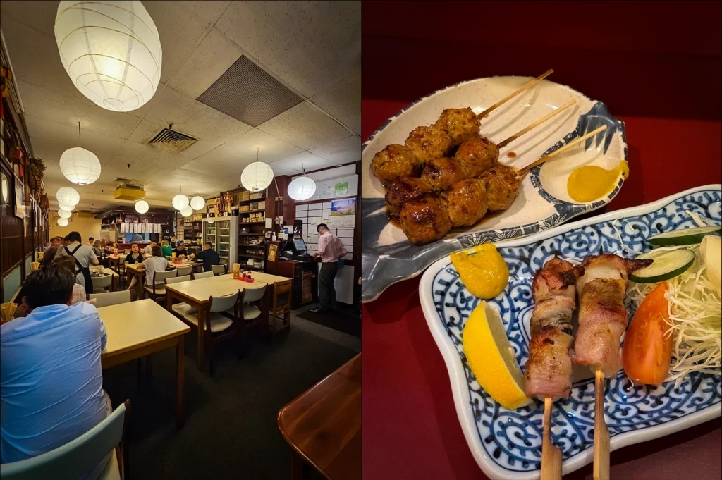 Side-by-side photos of Izakaya Nijumaru Singapore featuring a lively Japanese izakaya dining interior with hanging paper lanterns and assorted yakitori dishes including grilled meatball skewers and bacon-wrapped skewers served on decorative Japanese plates