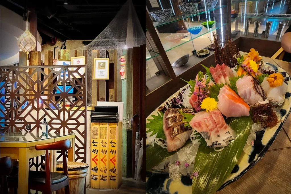 Side-by-side photos of Ishinomaki Grill and Sake Singapore featuring a rustic Japanese restaurant interior with wooden decor and an assorted sashimi platter with fresh seafood, uni, garnishes, and decorative presentation served over ice in an izakaya-style setting