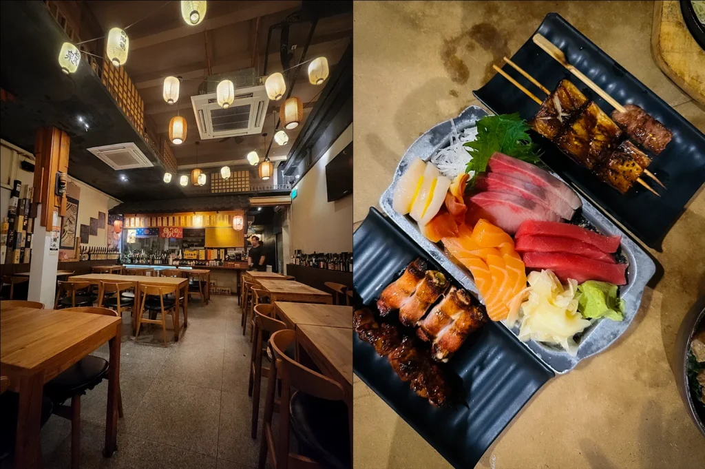 Side-by-side photos of Shukuu Japanese Izakaya in Singapore featuring a warm lantern-lit dining interior and a Japanese sashimi platter with yakitori skewers and grilled dishes on a wooden table