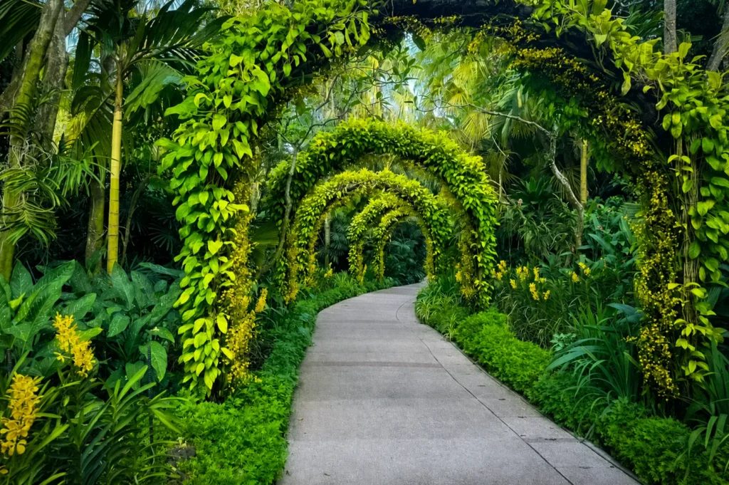 Lush walking path at Singapore Botanic Gardens framed by cascading green archways covered in tropical plants and orchids. The landscaped garden features vibrant foliage, flowering plants, and a peaceful pathway winding through one of Singapore’s most iconic nature attractions.