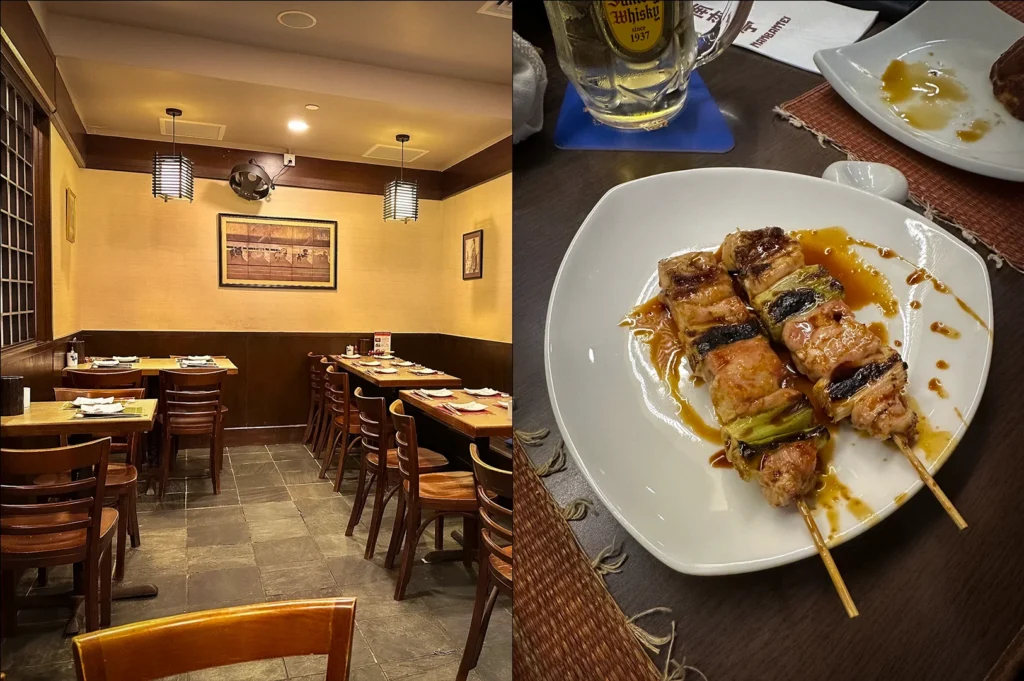 Side-by-side photos of Nanbantei Yakitori Restaurant at Orchard Road Singapore featuring grilled chicken yakitori skewers with teriyaki glaze and a cozy Japanese-style dining room with wooden tables and warm lighting