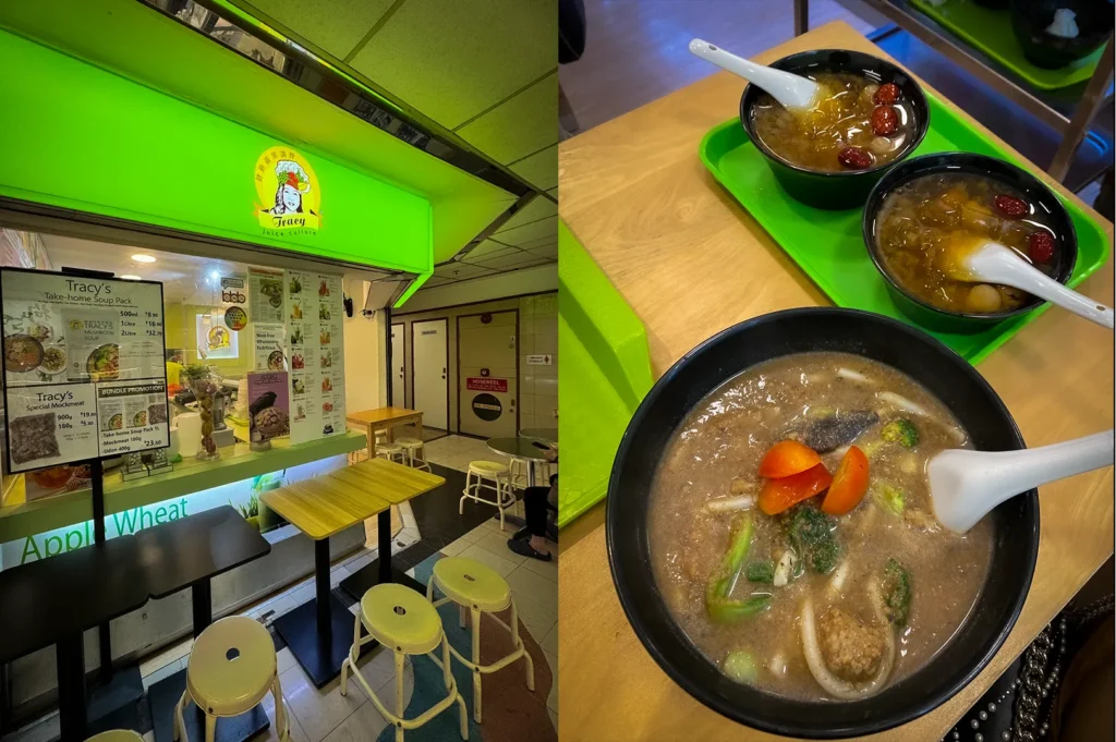 Tracy Juice Culture Singapore storefront and vegetarian dining spread. The image features the health-focused eatery with bright green signage alongside a table of mushroom noodle soup, red date and snow fungus dessert soup, and plant-based ingredients, highlighting wholesome vegetarian and vegan-friendly cuisine in Singapore.