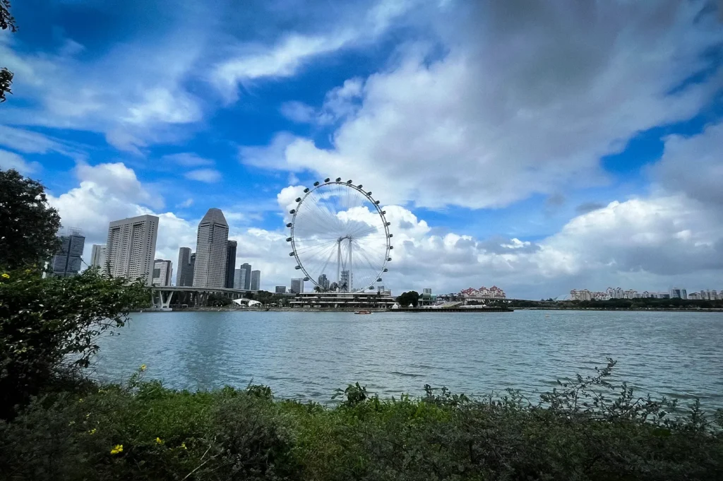 Scenic waterfront view near Gardens by the Bay in Singapore featuring the Singapore Flyer, city skyline, lush greenery, and dramatic clouds reflected across Marina Bay on a bright day.