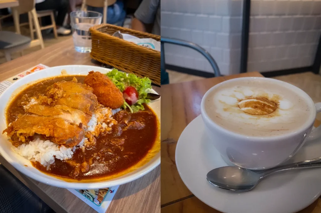 Collage featuring Japanese curry rice and coffee at Japan Rail Cafe Singapore. One image showcases crispy chicken katsu curry with rice, croquette, and salad, while the other highlights a creamy coffee beverage served in a white cup, offering a complete Japanese cafe dining experience.