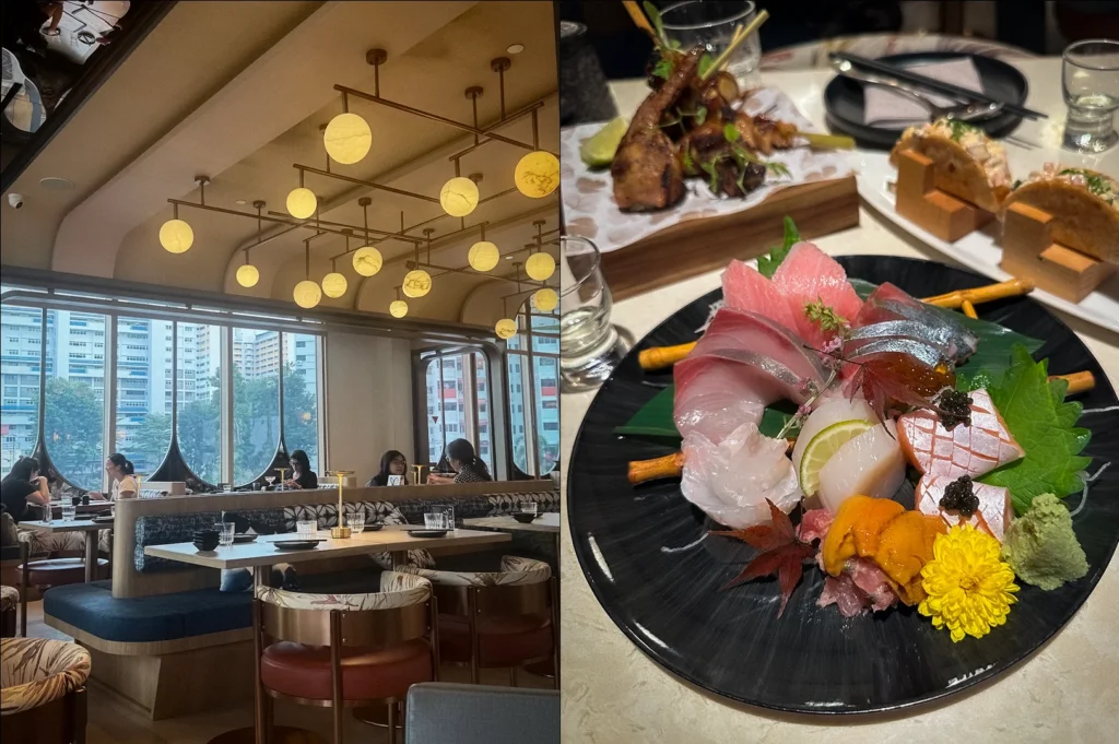 Side-by-side photos of Ginkyo by Kinki in Singapore featuring a stylish modern Japanese restaurant interior and a premium sashimi platter with uni, scallops, tuna, yellowtail, and assorted fresh seafood dishes on a dining table
