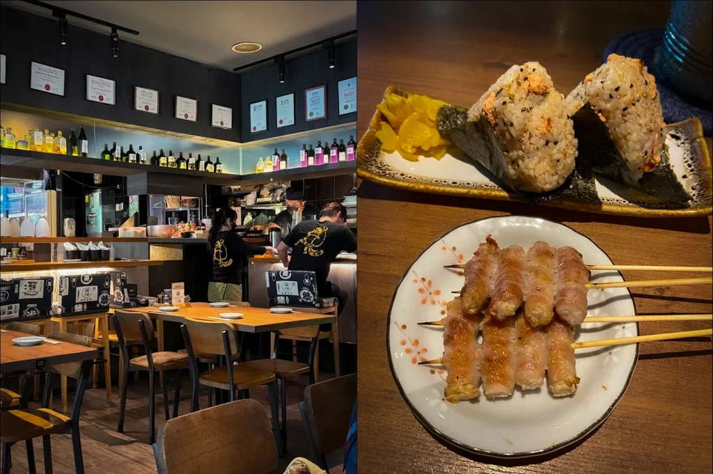 Side-by-side photos of Shunjuu Izakaya in Singapore featuring a cozy Japanese restaurant interior with an open kitchen and a serving of grilled bacon-wrapped yakitori skewers with spicy mentaiko onigiri rice balls and pickles on a wooden table