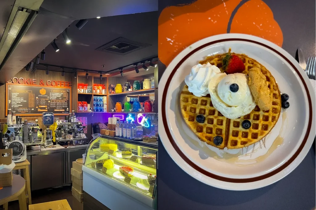 Side-by-side image of Cookie & Coffee café in Singapore featuring the cozy coffee shop interior and a freshly made waffle dessert topped with vanilla ice cream, whipped cream, blueberries, a strawberry, and a cookie. The café showcases specialty coffee, cakes, pastries, and dessert offerings in a warm and inviting setting.