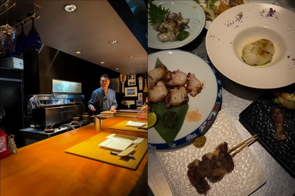 Side-by-side photos of Kazu Sumiyaki Singapore featuring a cozy Japanese grill counter dining experience and an assortment of izakaya dishes including grilled scallops, yakitori skewers, and seafood plates served on a metal tabletop