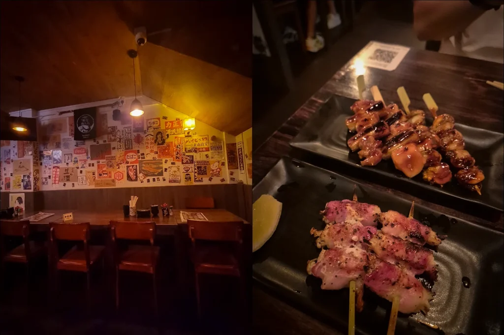 Side-by-side photos of Hachimaru Singapore featuring a cozy retro-style Japanese izakaya interior with vintage posters and grilled yakitori skewers including bacon-wrapped enoki and glazed chicken skewers served on black plates under warm lighting