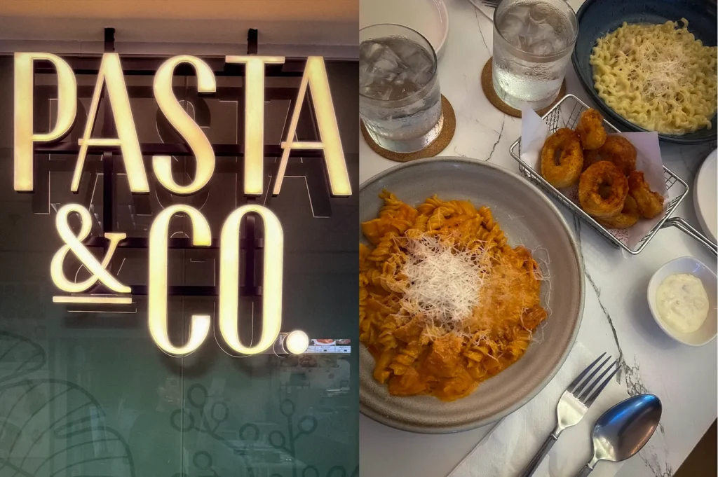 Side by side collage of Pasta & Co Singapore featuring the restaurant storefront signage and a table spread with creamy pasta dishes, fried onion rings and iced drinks at the dining area.