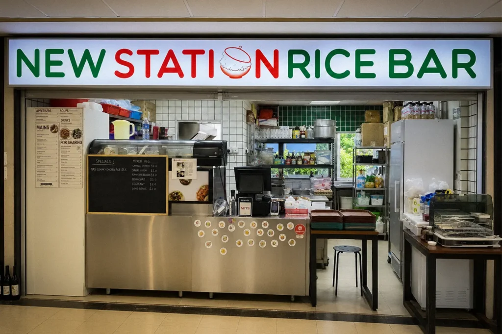 Front entrance of New Station Rice Bar at Fortune Centre in Singapore, featuring the restaurant signage, open kitchen, ordering counter, and casual dining setup.