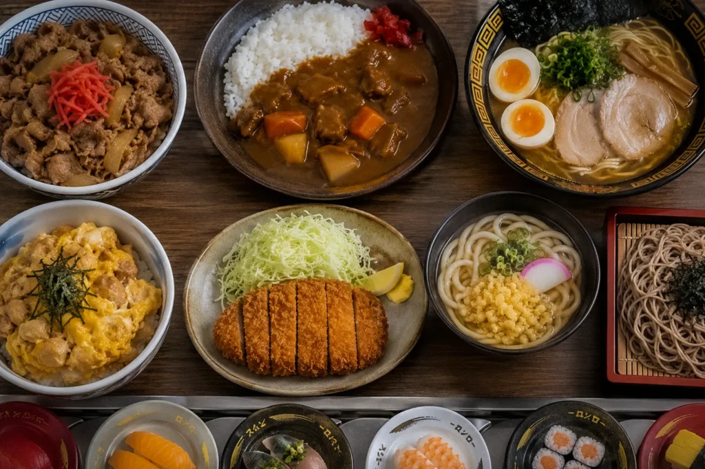 Top-down view of popular Japanese dishes including gyudon, curry rice, ramen, donburi, udon, soba, tonkatsu, and conveyor belt sushi arranged on a wooden table.