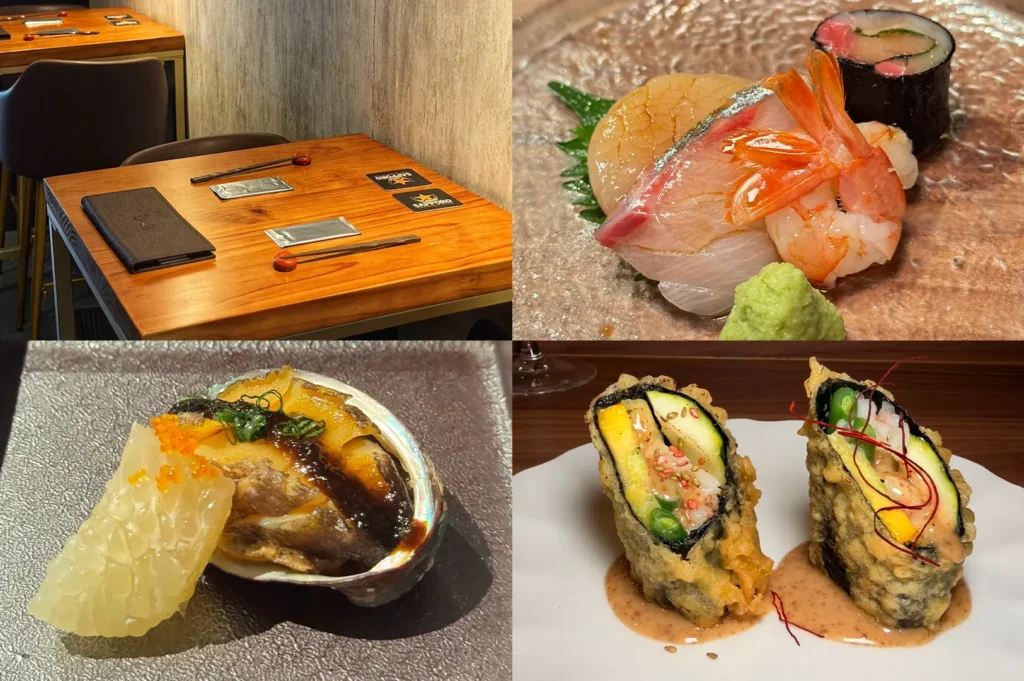 Collage of YUTA Orchard Singapore featuring premium Japanese seafood appetizers, creative sushi rolls, elegant Japanese dining interior, and refined omakase-style dishes in a modern restaurant setting.