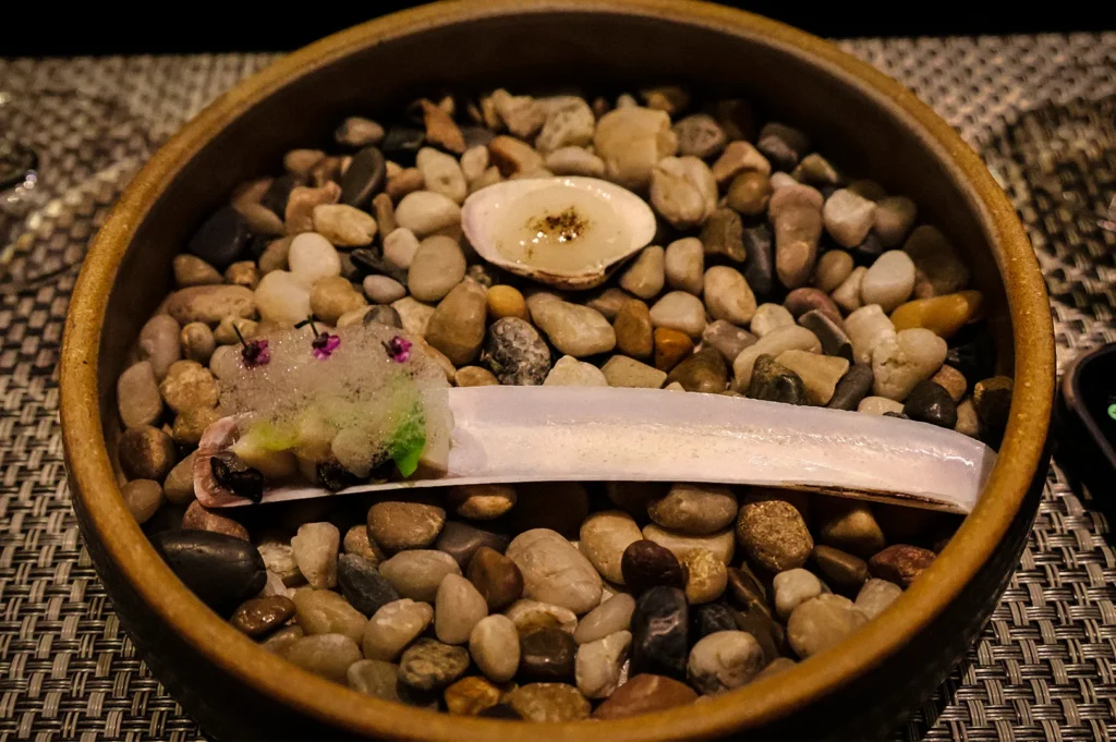 Elegant Japanese omakase course presented on decorative stones with a shell garnish, showcasing refined fine dining plating and premium seasonal ingredients.