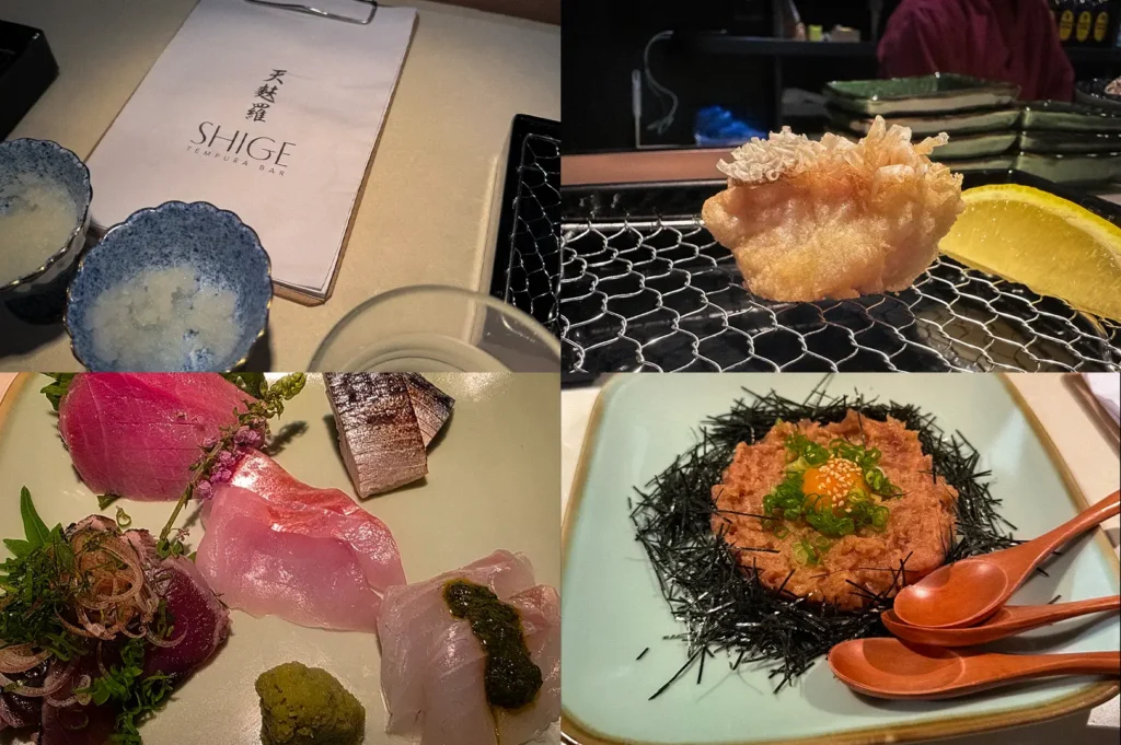 Collage of Tempura Shige Singapore featuring premium tempura, fresh sashimi platter, signature negitoro dish, and the intimate Japanese tempura bar offering an authentic omakase dining experience.
